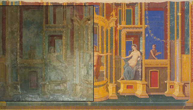 Juxtaposition of photograph and copy of fresco design from the west wall of the garden triclinium in the House of Apollo, Pompeii